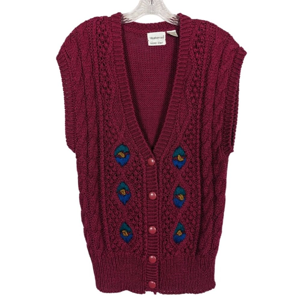 Weathervane hand knit Vintage Burgundy‎ Blue Sleeveless Cardigan Size Large